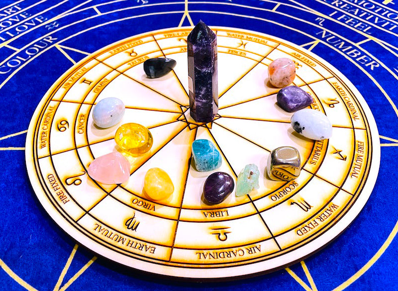 ホロスコープをクリスタルで描く！天体の石と占星術グリッドマット（レピドライト） 25cm セット Astrology Sacred geometry Crystal grid wood 25cm mat set