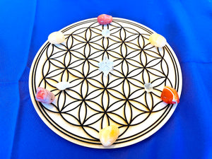 フラワーオブライフ神聖幾何学 グリッド マット 25cm とクリスタルのセット Flower of life Sacred geometry Crystal grid wood 25cm mat with Crystal set