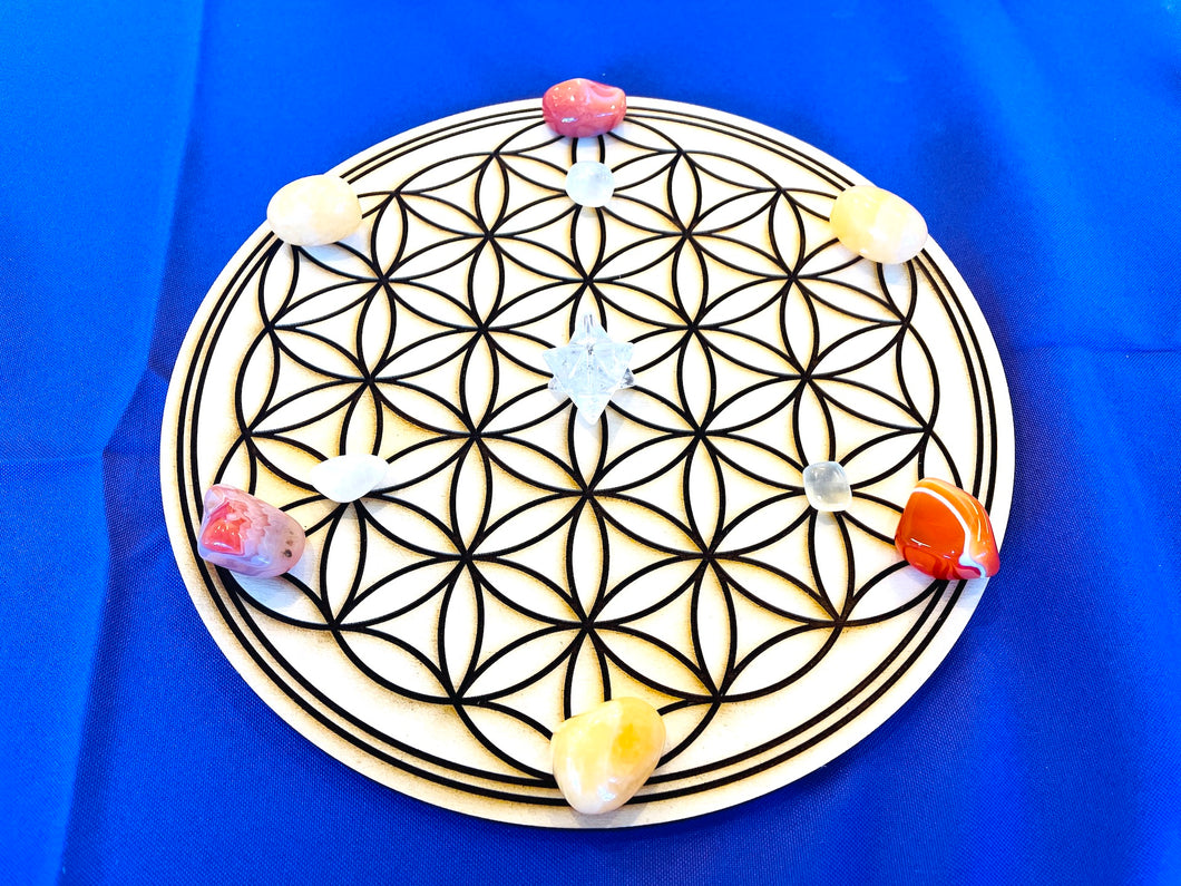 フラワーオブライフ神聖幾何学 グリッド マット 25cm とクリスタルのセット Flower of life Sacred geometry Crystal grid wood 25cm mat with Crystal set