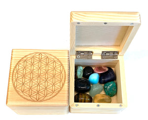 惑星のクリスタルと フラワー オブ ライフ ボックス セット Planet Tumbled Crystal Set  with Flower of Life wooden Box