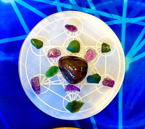 クリスタル グリッド マット セット ミニ セレナイト メタトロン キューブ セット Mini Crystal Grid setSelenite Metatron Cube charging plate with Crystals