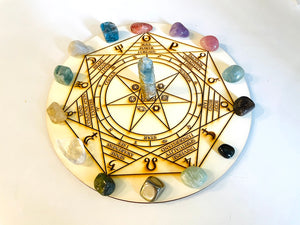 レムリアンアクアティンと天体クリスタル（スタンダード）とセプタグラム クリスタルグリッド マット  25cm Septagram Sacred geometry Crystal grid  crystals set