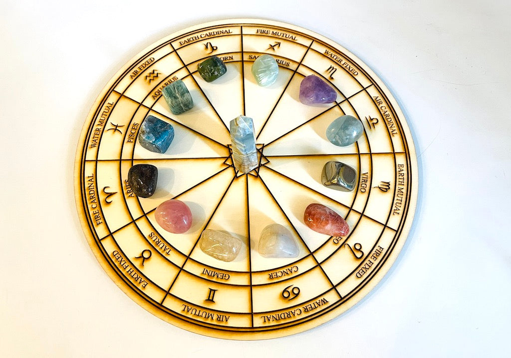 レムリアンアクアティンと占星術12星座天体のクリスタル（スタンダード）グリッド マットセット Astrology Sacred geometry Crystal grid wood 25cm